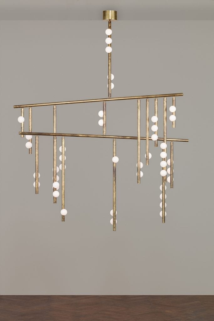 In mottled brass and white glass