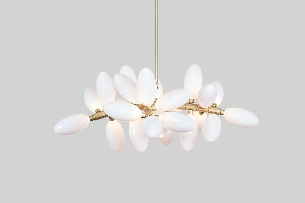 In brushed brass with white glass