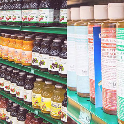 Juice and soap on shelves at healthy additions